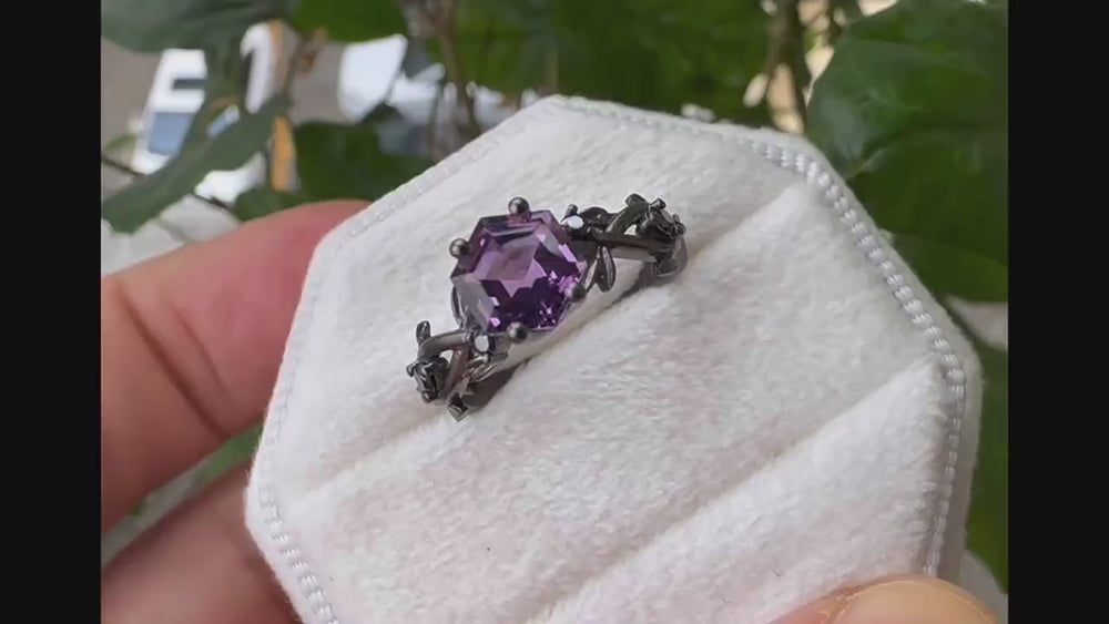 Black Gold Finish Hexagon Amethyst Engagement Ring, Rhodium Black Leaf Twig Branch 14K Black Gold Vermeil Dark Promise Anniversary Ring - ShainJewelry