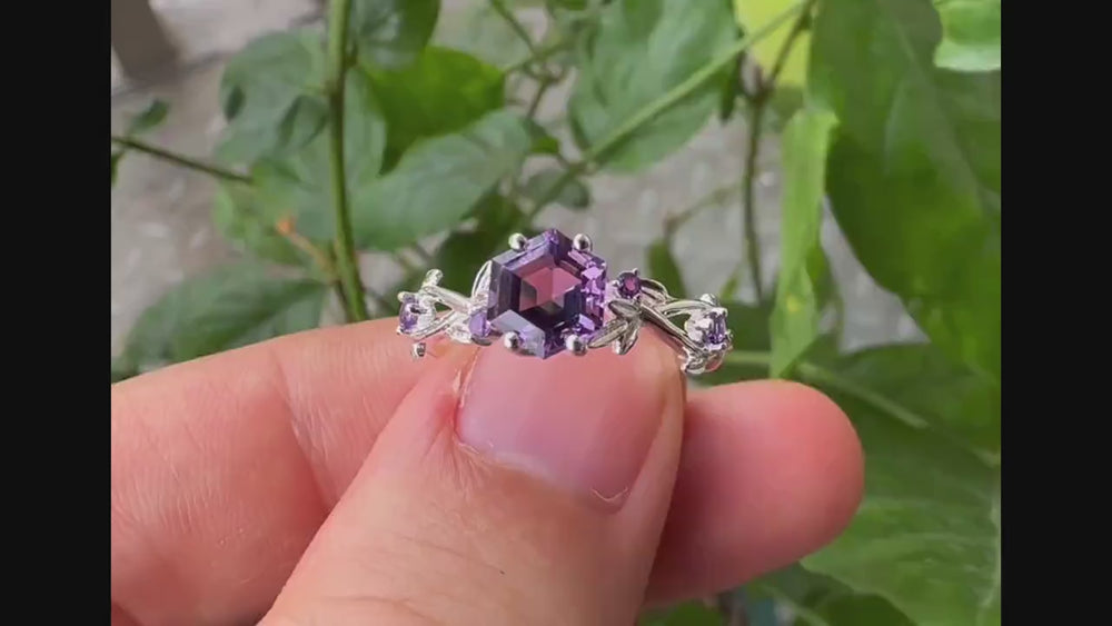 Vintage Hexagon Cut Amethyst Leaf Engagement Ring, Dainty Twist Branch Amethyst Promise Ring, Unique Rose Gold Purple Amethyst Wedding Ring - ShainJewelry