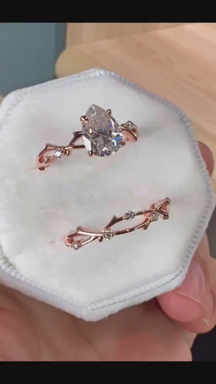 Vintage Pear Cut Moissanite and Diamond Engagement Ring Bridal Set, 14K Rose Gold Moissanite Branch Twisted Promise Wedding Ring For Women - ShainJewelry