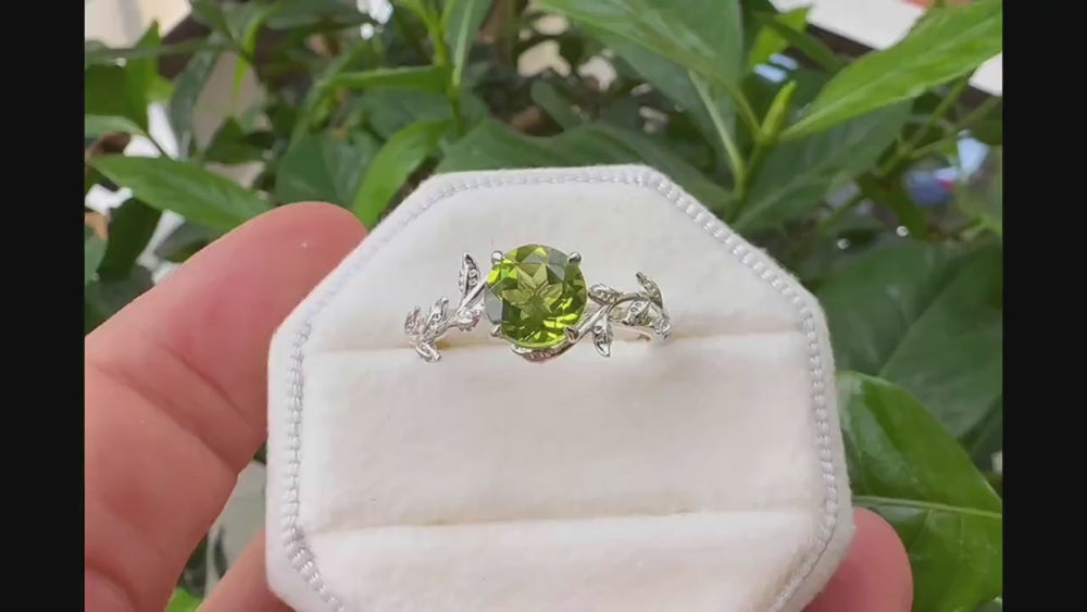 Vintage Round Cut Peridot Solitaire Engagement Ring, Leaf Peridot Promise Ring, Nature Inspired Peridot Wedding Ring, Rose Gold Ring Gift - ShainJewelry