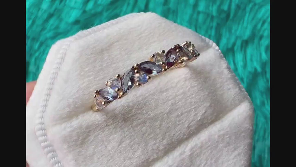 Alexandrite and Moonstone Wedding Band, Stackable Half Eternity 14k Rose Gold Alexandrite Matching Band, Marquise Alexandrite Promise Ring - ShainJewelry