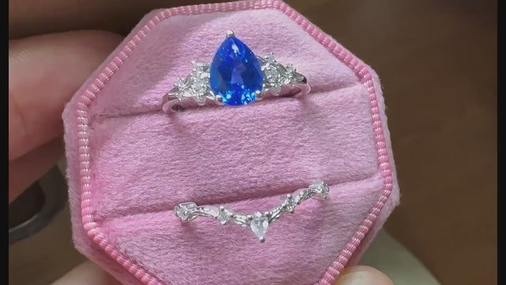 Pear Shape Blue Fire Spinel Engagement Ring Set, Sterling Silver Floral Blue Spinel Promise Ring, Nature Inspired Bridal Set Gift For Women - ShainJewelry