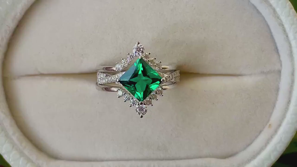 3PCS Princess Cut Emerald Engagement Ring Set, Art Deco Emerald Wedding Set, 14K 18K White Gold Promise Ring Gift Vintage Emerald Bridal Set - ShainJewelry