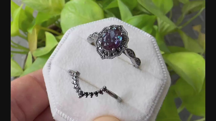 Vintage Oval Cut Alexandrite Halo Engagement Ring Set, 18K Black Gold Promise Ring Set, Unique Rhodium Black Moissanite Bridal Set Gift - ShainJewelry