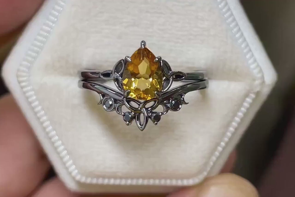 Gothic Black Pear Shape Citrine Celtic Knot Engagement Ring, Black Rhodium Yellow Stone Wedding Ring Black Promise Ring Bridal Set for her - ShainJewelry