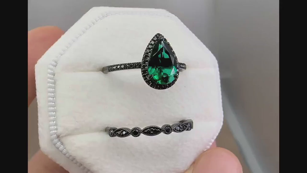 Vintage Pear Emerald Halo Engagement Ring Set, Black Gold Emerald Promise Ring Set, Rhodium Black Moissanite Bridal Set, Black Wedding Ring - ShainJewelry
