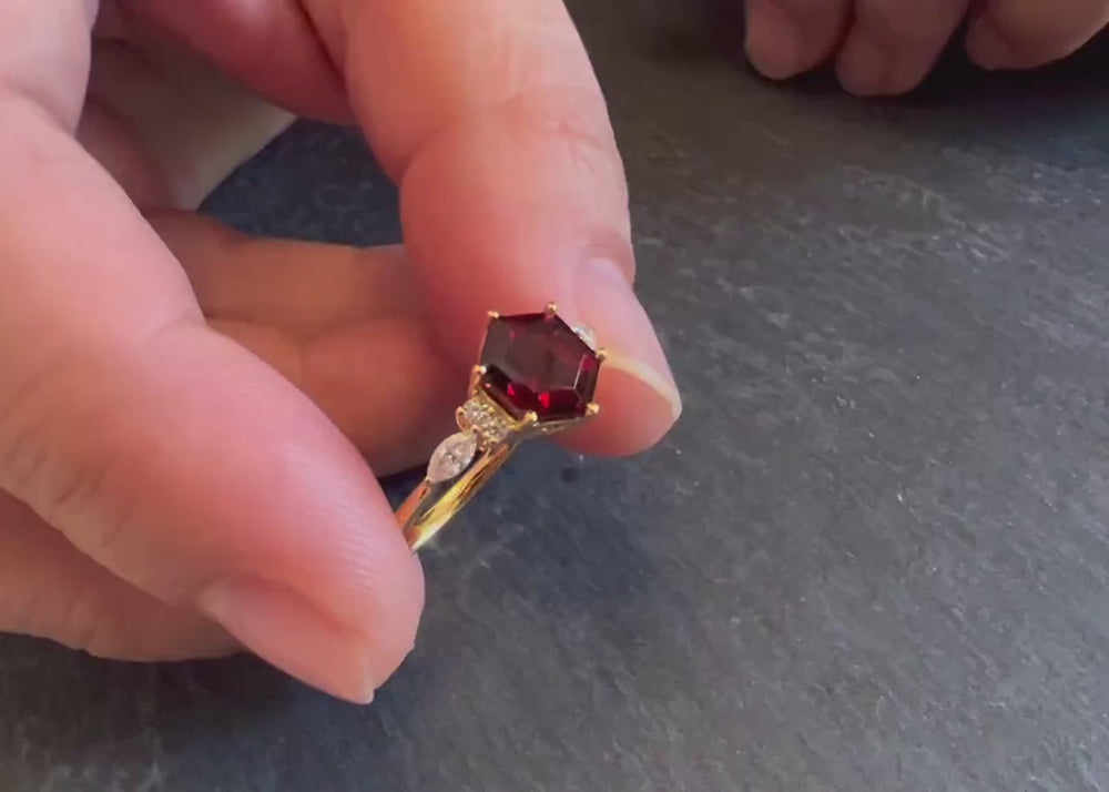 Hexagon Red Garnet Engagement Ring, Vintage Garnet and Diamond Ring 14K Rose Gold Garnet Ring,Dainty Garnet Anniversary Promise Ring for Her - ShainJewelry