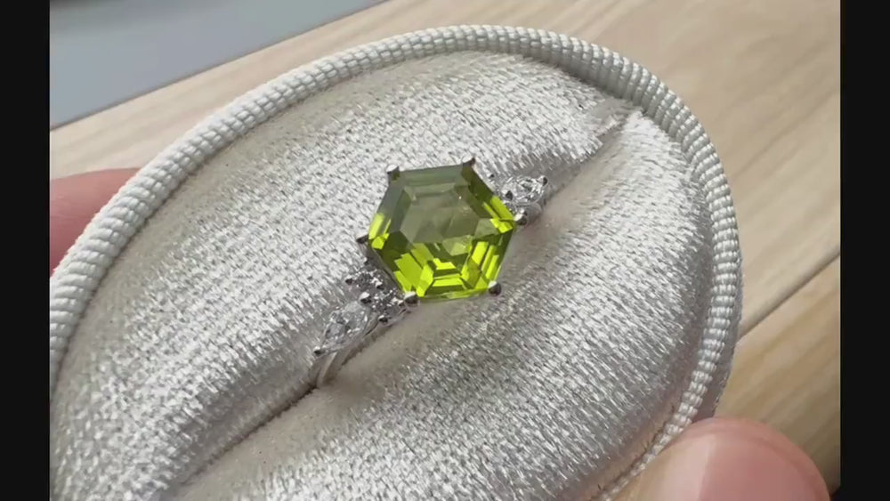 Vintage Hexagon Cut Natural Peridot Engagement Ring, Unique 14K White Gold August Birthstone Peridot Wedding Anniversary Promise Ring Gift - ShainJewelry