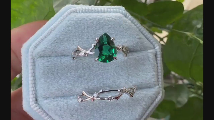 Platinum Pear Cut Emerald and Diamond Engagement Ring Set 14K White Gold Moissanite Branch Twig Promise Wedding Ring Bridal Set For Women - ShainJewelry