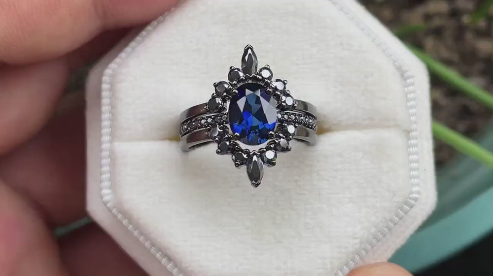3PCS Oval Blue Sapphire Engagement Ring Set, Black Gold Finish Sapphire Halo Promise Ring Vintage Black Moissanite Wedding Ring , Bridal Set - ShainJewelry