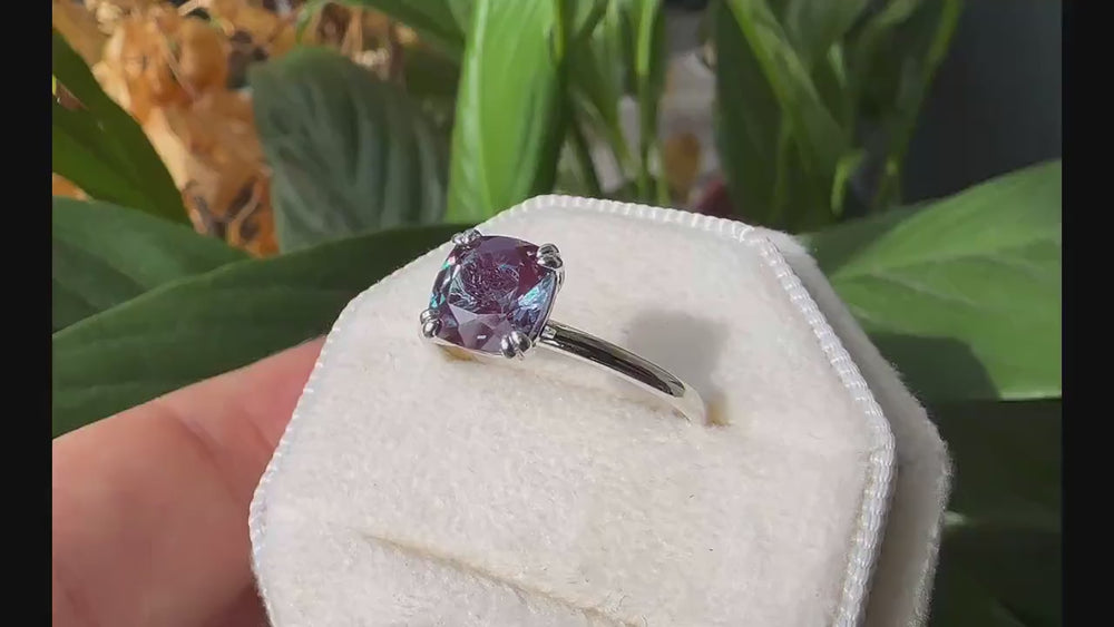 Vintage Cushion Cut Solitaire Alexandrite Engagement Ring,14K Rose Gold High Profile Alexandrite Ring, Promise Anniversary Ring Gift for her - ShainJewelry
