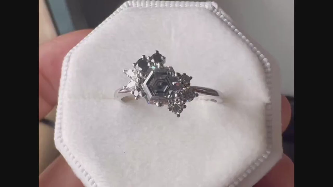 Vintage Hexagon Gray Moissanite Cluster Engagement Ring, 14K Rose Gold Black Moissanite Wedding Promise Ring Anniversary Gift for women - ShainJewelry