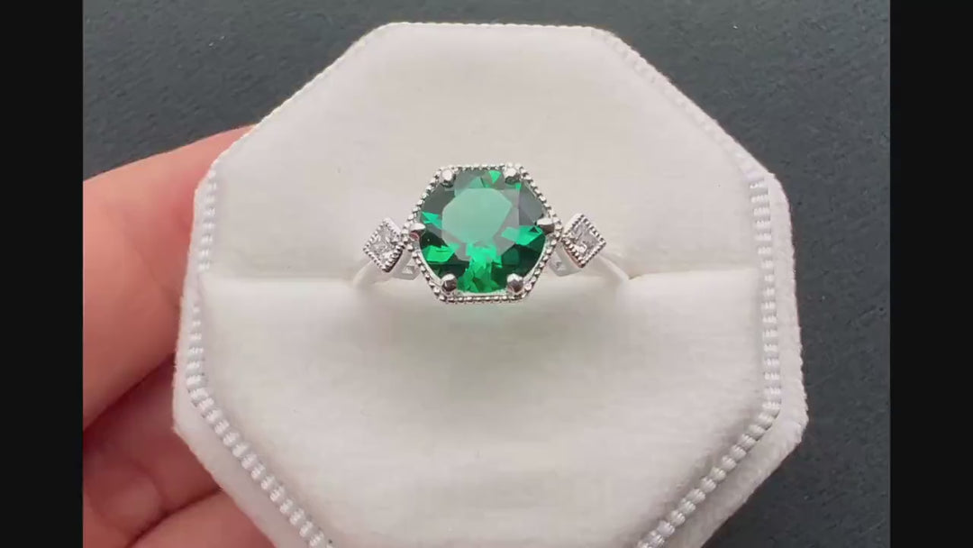 Hexagonal Emerald Engagement Ring, Vintage 2 CT Emerald Wedding Ring, Round Cut May Birthstone Anniversary Promise Ring, 14k White Gold Ring - ShainJewelry