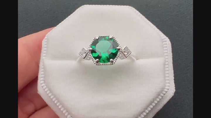 Hexagonal Emerald Engagement Ring, Vintage 2 CT Emerald Wedding Ring, Round Cut May Birthstone Anniversary Promise Ring, 14k White Gold Ring - ShainJewelry
