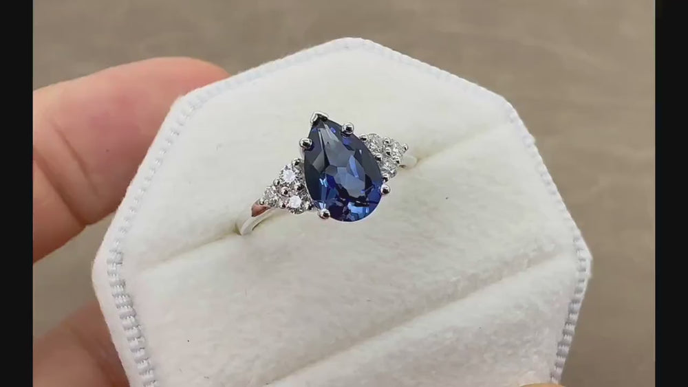 Vintage Pear Cut Cornflower Blue Sapphire Ring Set, Unique Vivid Blue Sapphire Wedding Set, White Gold Sapphire Bridal Set, Engagement Ring - ShainJewelry
