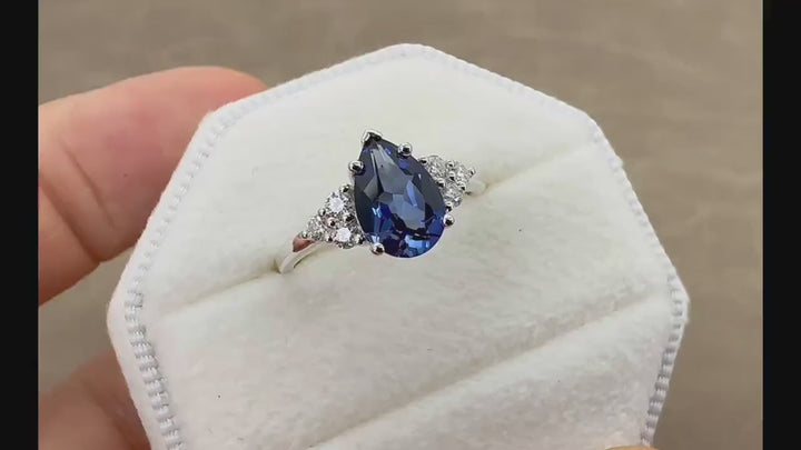 Vintage Pear Cut Cornflower Blue Sapphire Ring Set, Unique Vivid Blue Sapphire Wedding Set, White Gold Sapphire Bridal Set, Engagement Ring - ShainJewelry