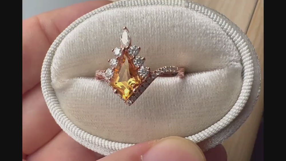 Kite Cut Citrine Ring Set, Vintage 14K Rose Gold Citrine Halo Engagement Ring Set, Citrine Bridal Set, Promise Wedding Ring Gift for Women - ShainJewelry