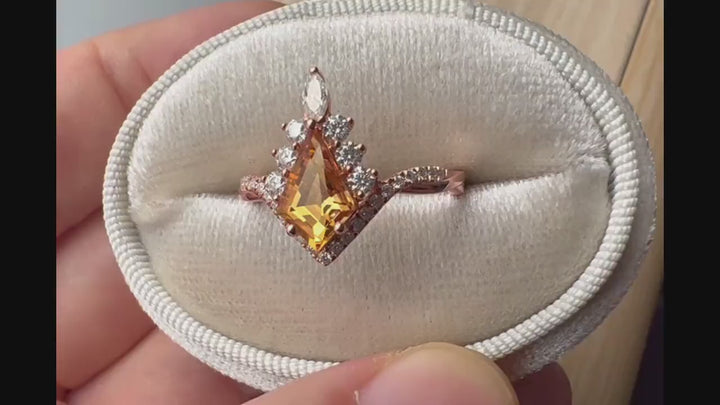 Kite Cut Citrine Ring Set, Vintage 14K Rose Gold Citrine Halo Engagement Ring Set, Citrine Bridal Set, Promise Wedding Ring Gift for Women - ShainJewelry
