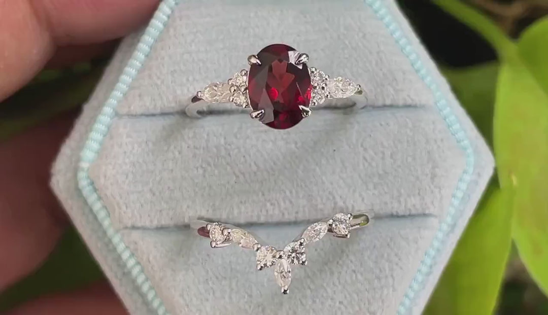 Vintage Oval Garnet and Diamond Engagement Ring Set 14K Rose Gold Garnet Wedding Set, Garnet Bridal Set Promise Ring January Birthstone Gift - ShainJewelry