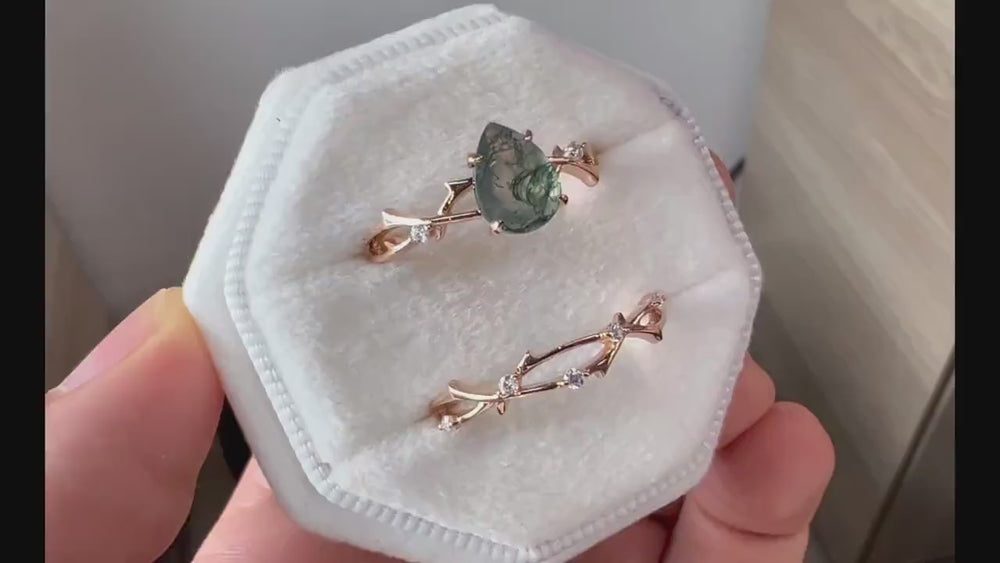 Vintage Pear Cut Moss Agate Diamond Engagement Ring Set 14K Rose Gold Moissanite Branch Twig Promise Wedding Rings Bridal Set For Women - ShainJewelry