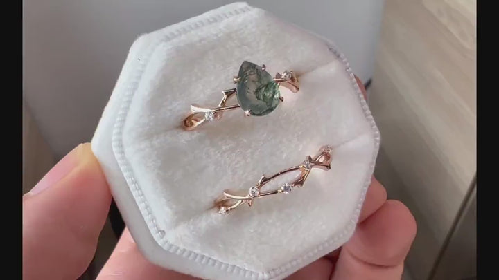Vintage Pear Cut Moss Agate Diamond Engagement Ring Set 14K Rose Gold Moissanite Branch Twig Promise Wedding Rings Bridal Set For Women - ShainJewelry