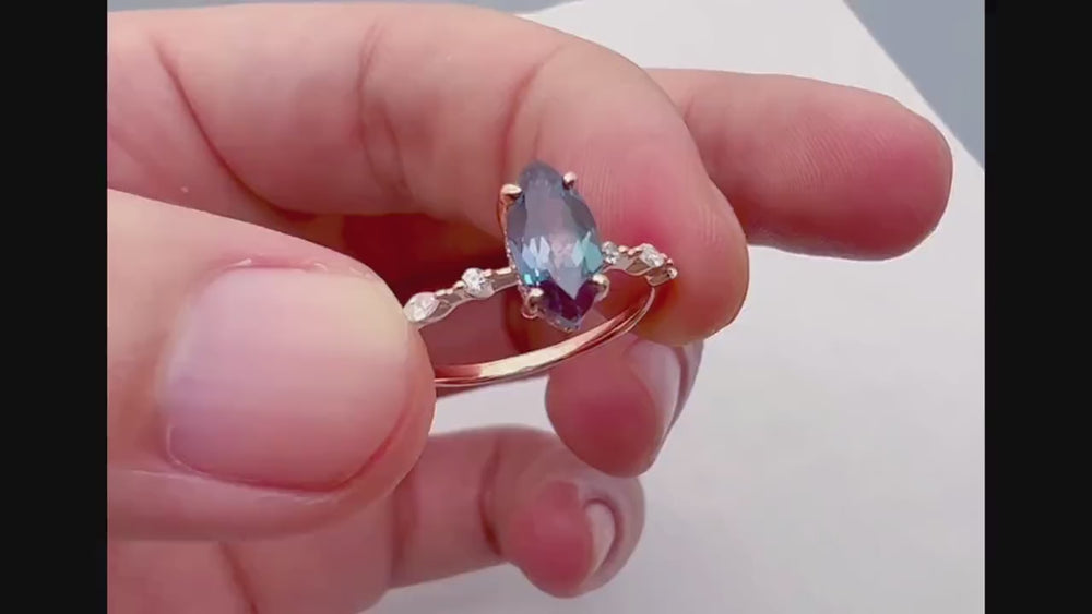 Vintage Marquise Cut Alexandrite Engagement Ring, Unique June Birthstone Wedding Promise Ring, 14K Rose Gold /Sterling Silver Ring for Women - ShainJewelry