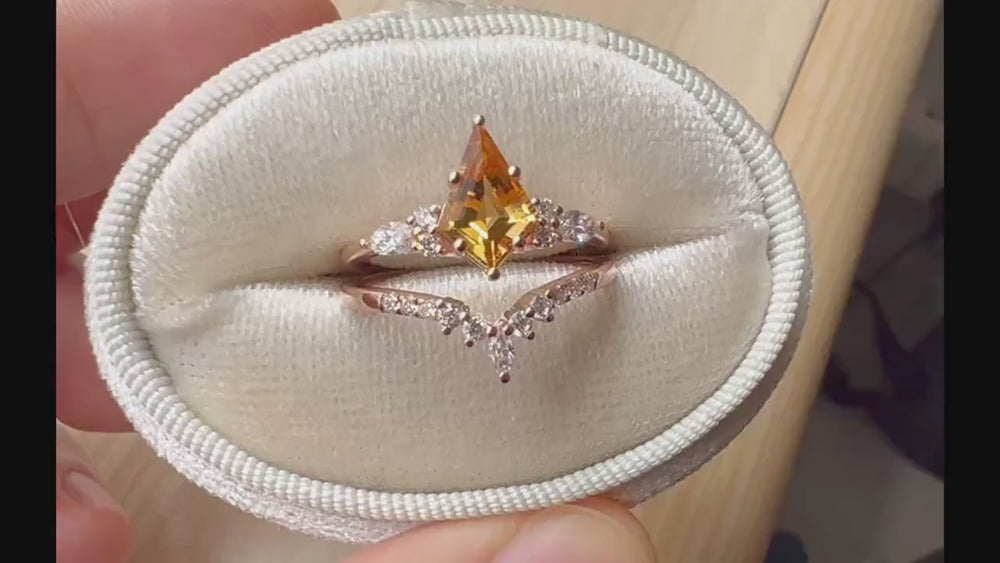 Vintage Kite Cut Citrine and Diamond Engagement Ring Set, Unique 14K White Gold Citrine Promise Ring, Wedding Ring Set Gift for Women - ShainJewelry