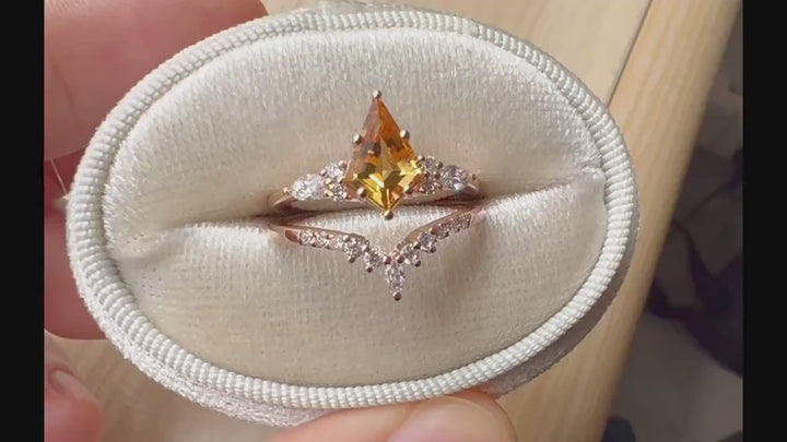 Vintage Kite Cut Citrine and Diamond Engagement Ring Set, Unique 14K White Gold Citrine Promise Ring, Wedding Ring Set Gift for Women - ShainJewelry