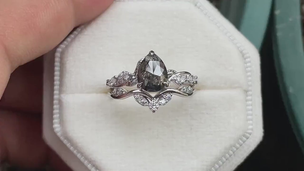 Pear Shape Salt and Pepper Diamond Vine Engagement Ring Set, Rose Gold Natural Black Diamond Twig Branch Promise Ring, Leaf Anniversary Ring - ShainJewelry