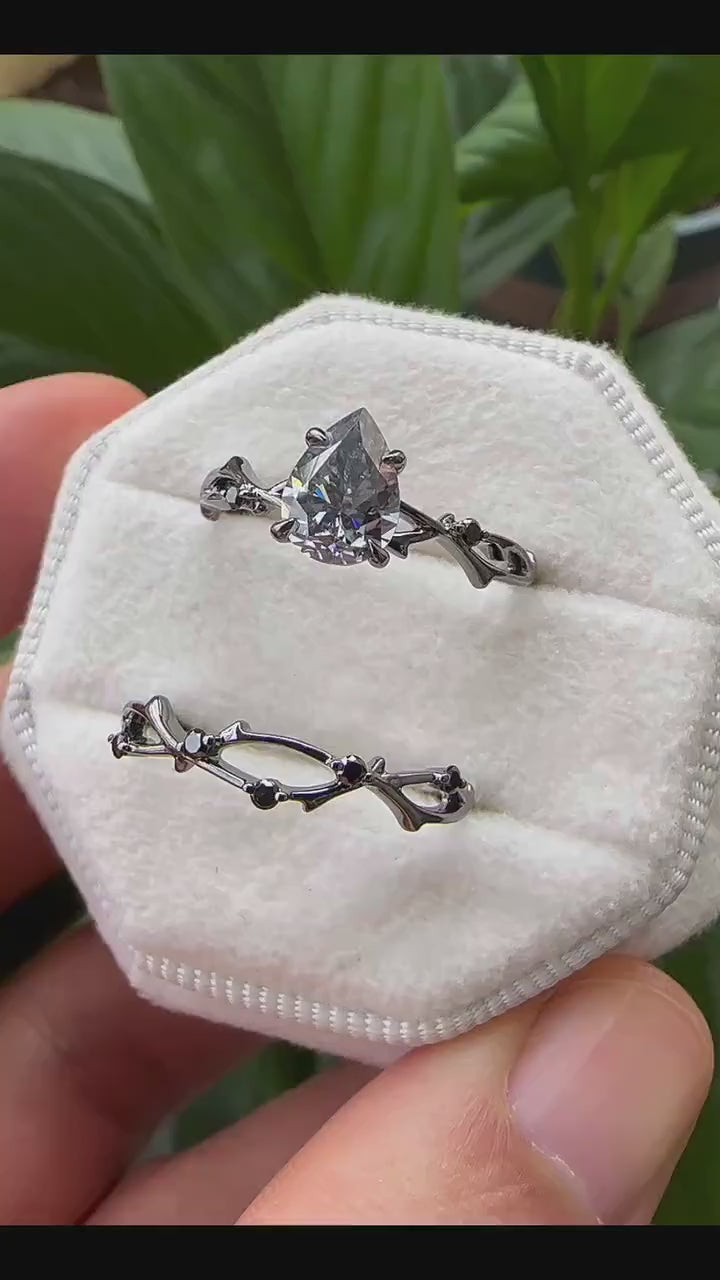 Rhodium Black Pear Shape Gray Moissanite Engagement Ring Set, Black Gold Grey Moissanite Promise Ring, Twig Black Diamond Wedding Ring Set - ShainJewelry