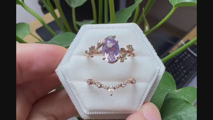 Nature Inspired Lavender Amethyst Leaf Engagement Ring Set, Oval Cut Amethyst Rose Gold Wedding Set, Twig Branch Bridal Set Anniversary Ring - ShainJewelry