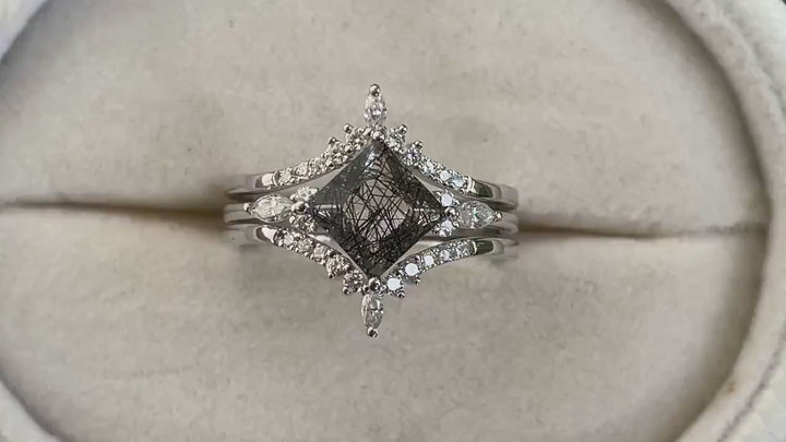 Princess Cut Black Rutilated Bridal Set, Ring Guard Spacer Engagement Ring Set, Dual Band Black Rutilated Wedding Set Rose Gold Promise Ring - ShainJewelry
