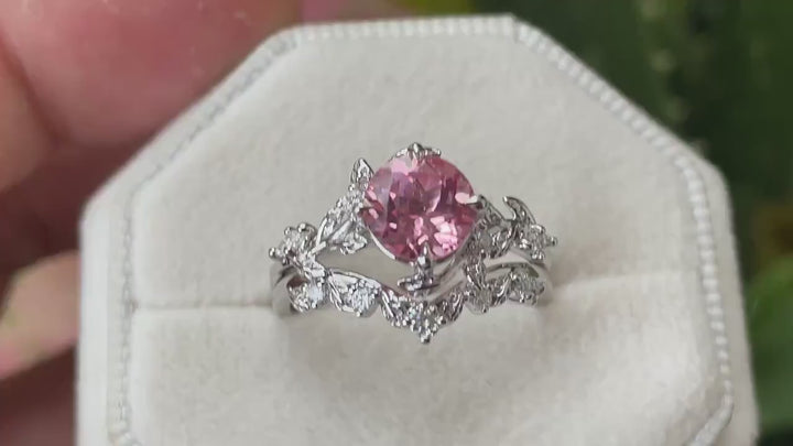 Vintage Round Shape Padparadscha Pink Sapphire Leaf Engagement Ring, Unique Rose Gold Wedding Set, Nature Inspired Promise Ring for Women - ShainJewelry