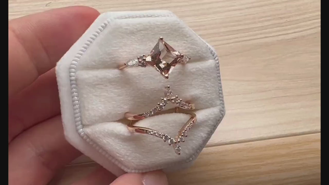 Princess Cut Pink Morganite Bridal Set Vintage Peach Morganite Engagement Ring Set Ring Guard Spacer Wedding Set Rose Gold Promise Ring - ShainJewelry