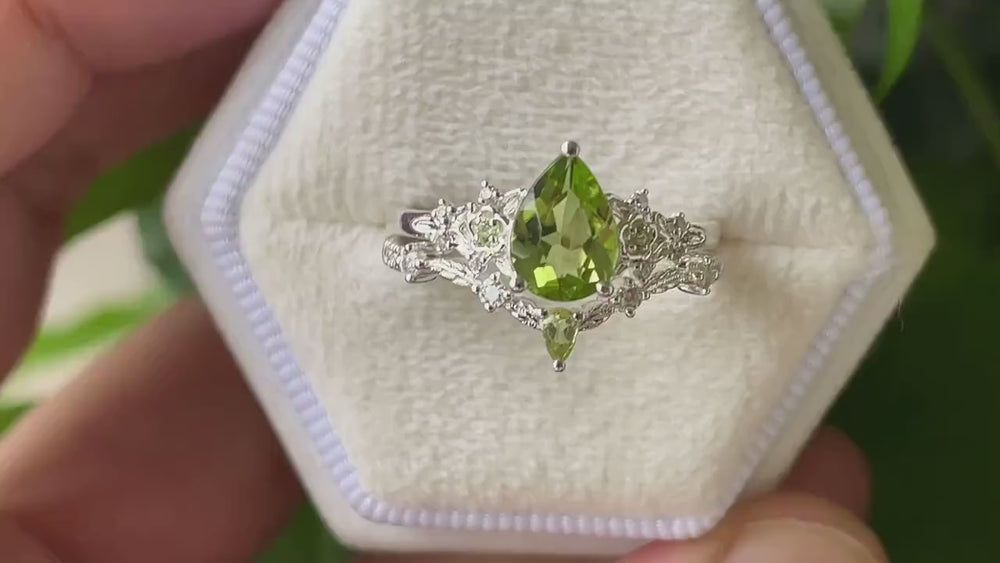 Vintage Pear Shape Peridot Engagement Ring Set, Unique 14K White Gold Floral Wedding Ring Bridal Set, Twig Branch Promise Ring for Women - ShainJewelry