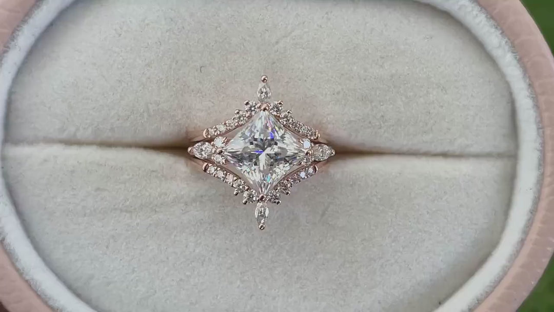 Unique Princess Cut Moissanite Bridal Set, Vintage Moissanite Engagement Ring , Art Deco Moissanite Wedding Set, 14K Rose Gold Promise Ring - ShainJewelry