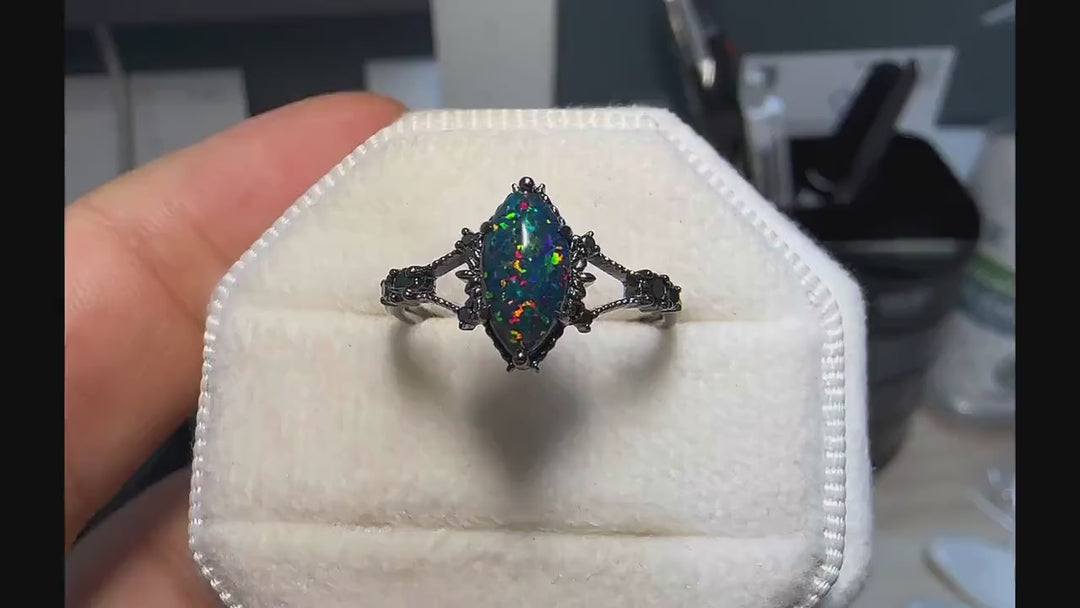 Marquise Shape Black Fire Opal Engagement Ring, Black Gold Multi Fire Opal Promise Ring, Unique Rhodium Black Witchy Ring Gift for Women - ShainJewelry
