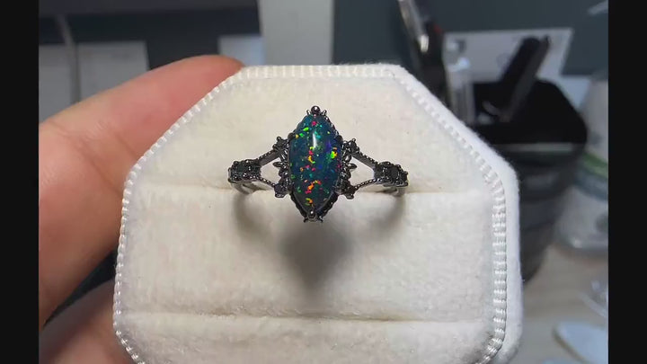 Marquise Shape Black Fire Opal Engagement Ring, Black Gold Multi Fire Opal Promise Ring, Unique Rhodium Black Witchy Ring Gift for Women - ShainJewelry