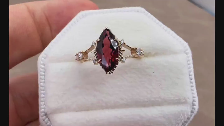 Vintage Milgrain Marquise Cut Garnet Engagement Ring, Unique January Birthstone Promise Ring, 14K Rose Gold/Silver Garnet Wedding Ring Gift - ShainJewelry
