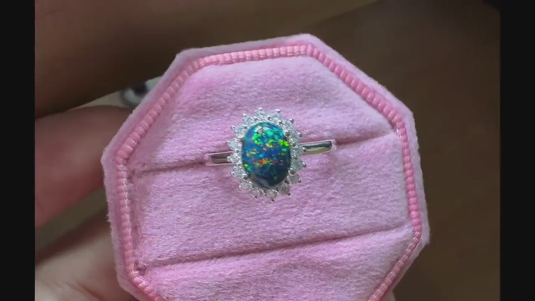Sunflower Black Fire Opal Engagement Ring, White Gold Moissanite Halo Wedding Ring, Oval Shape Opal Floral Anniversary Promise Ring Gift - ShainJewelry