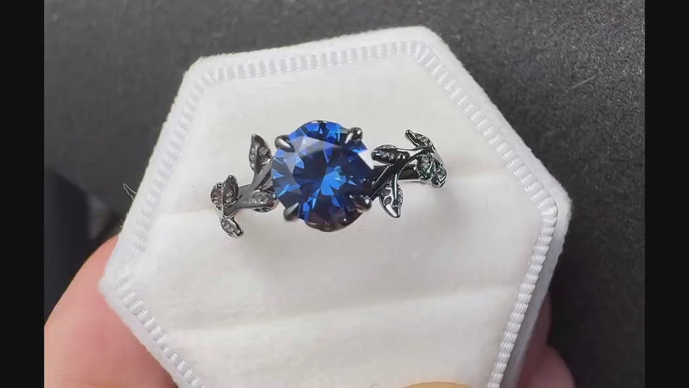 Black Gold Plated Round Cornflower Blue Sapphire Solitaire Ring, Rhodium Black Hip Hop Leaf Nature Inspired Sapphire Engagement Promise Ring - ShainJewelry