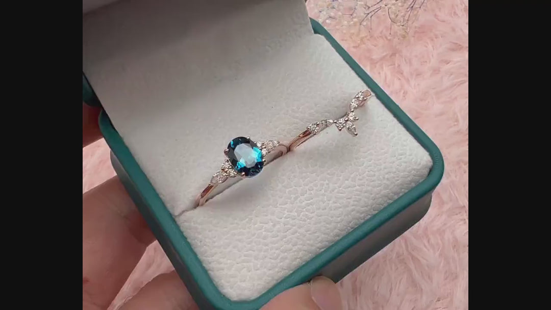 Vintage Oval Shape London Blue Topaz and Moissanite Engagement Ring, Unique Rose Gold Wedding Ring Bridal Set, Promise Ring Gift for Women - ShainJewelry