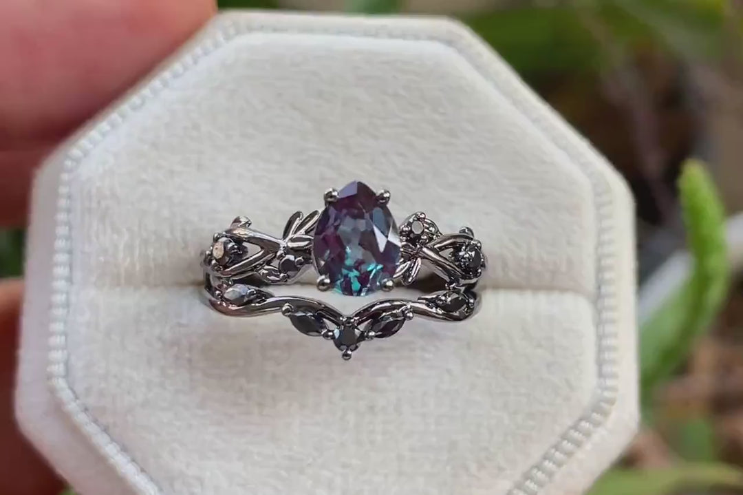 Gothic Black Gold Pear Shape Alexandrite Leaf Engagement Ring Set, Black Vine Promise Ring, Unique Rhodium Black Witchy Twig Branch Ring - ShainJewelry