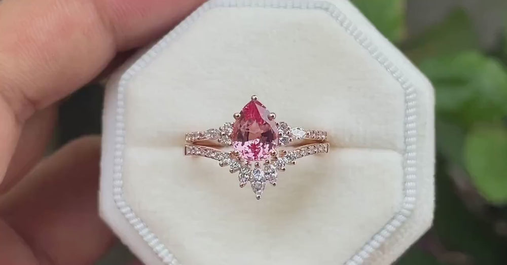 Pear Cut Padparadscha Pink Sapphire and Diamond Engagement Ring Set, Unique Sapphire Bridal Set, 14K Rose Gold Promise Ring Wedding Set - ShainJewelry
