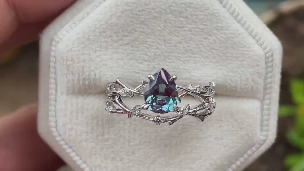 Platinum Pear Cut Alexandrite and Diamond Engagement Ring, 14K White Gold Twig Branch Promise Ring, Silver 925 Wedding Ring Gift For Women - ShainJewelry