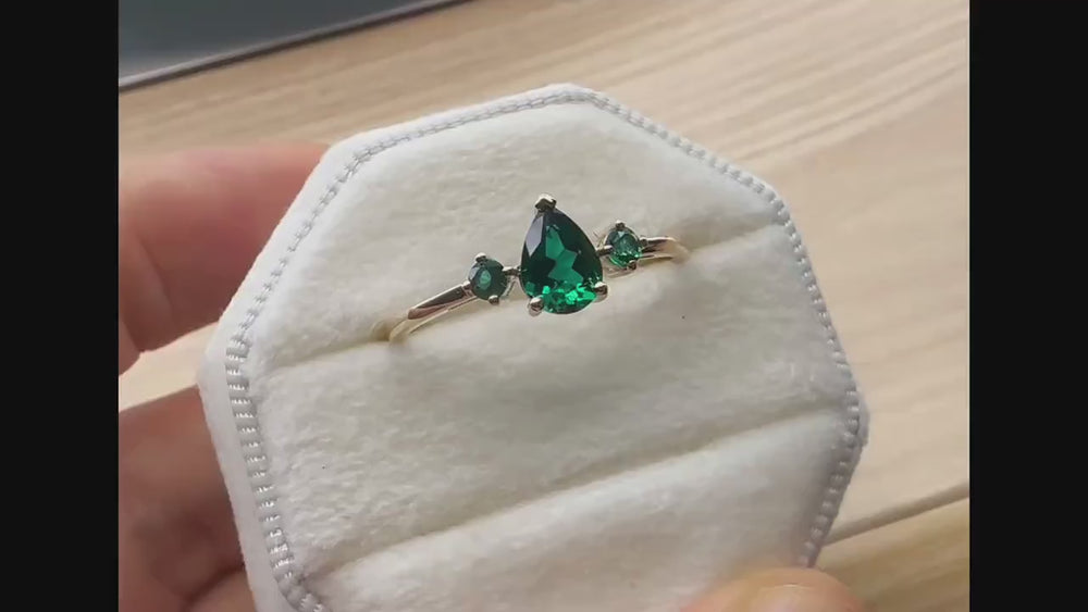 Unique Pear Cut Emerald Engagement Ring, Petite 14K Rose Gold Emerald Promise Ring, Vintage Emerald Wedding Ring, Dainty Three Stones Ring - ShainJewelry
