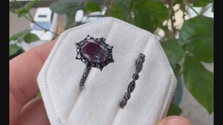 Gothic Black Oval Cut Alexandrite Halo Engagement Ring Set, Punk Black Gold Promise Ring Unique Rhodium Black Moissanite Bridal Set for her - ShainJewelry