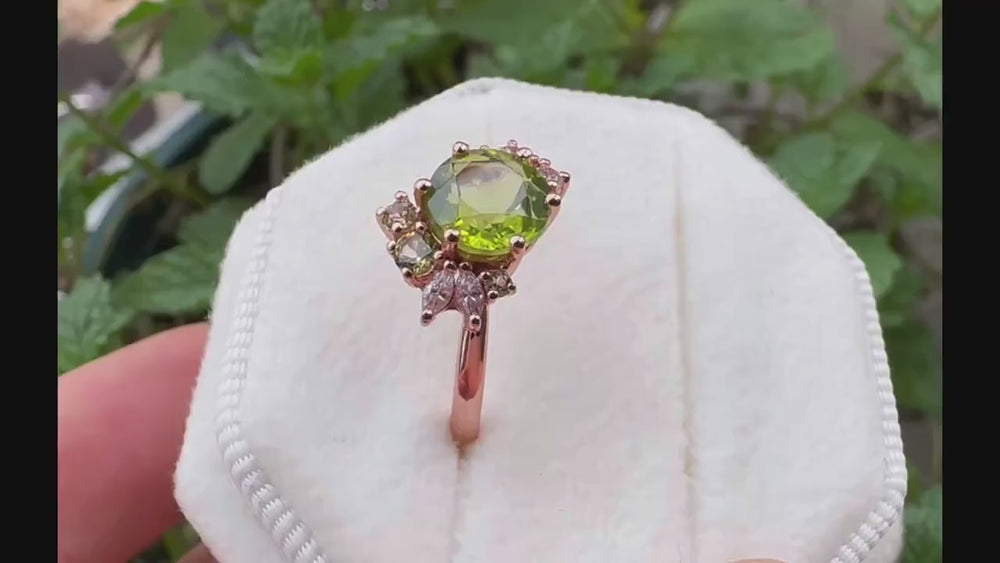 Vintage Round Cut Peridot Engagement Ring, Peridot Cluster Promise Ring, 14K Yellow Gold or Silver Wedding Ring, August Birthstone Ring Gift - ShainJewelry