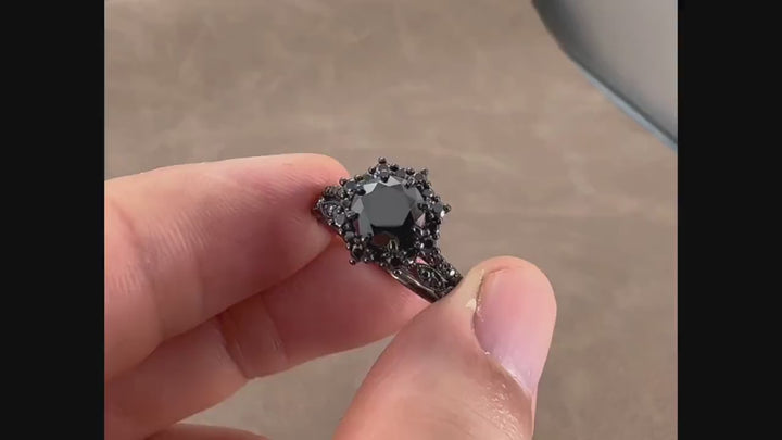 Vintage Round Black Moissanite Halo Engagement Ring Set, Black Gold Moissanite Promise Ring, Rhodium Black Bridal Set, Black Wedding Ring - ShainJewelry