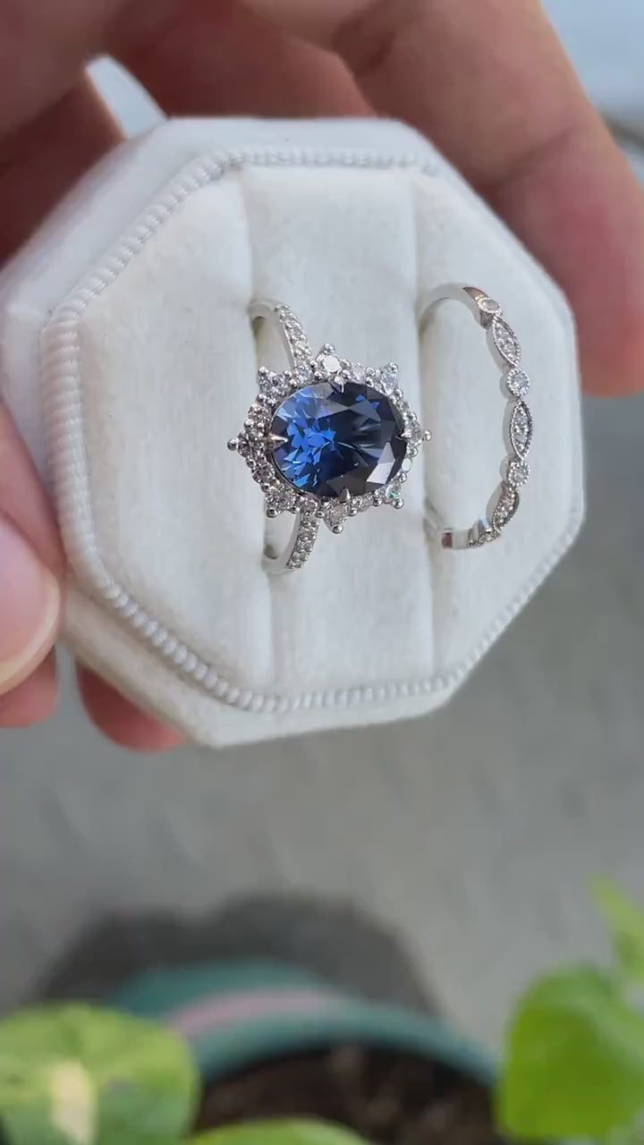 Oval Shape Cornflower Blue Sapphire Engagement Ring Set 14K 18K White Gold Sapphire Halo Promise Wedding Ring Bridal Set, Floral Wedding set - ShainJewelry